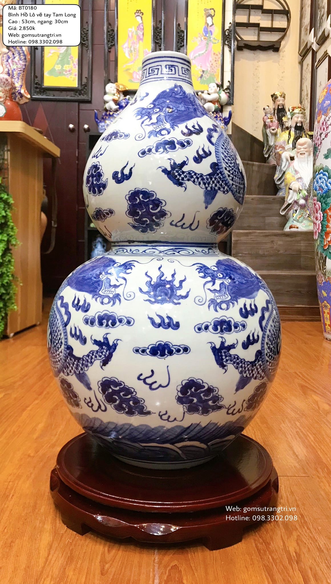 BÌNH HỒ LÔ VẼ TAY TAM LONG